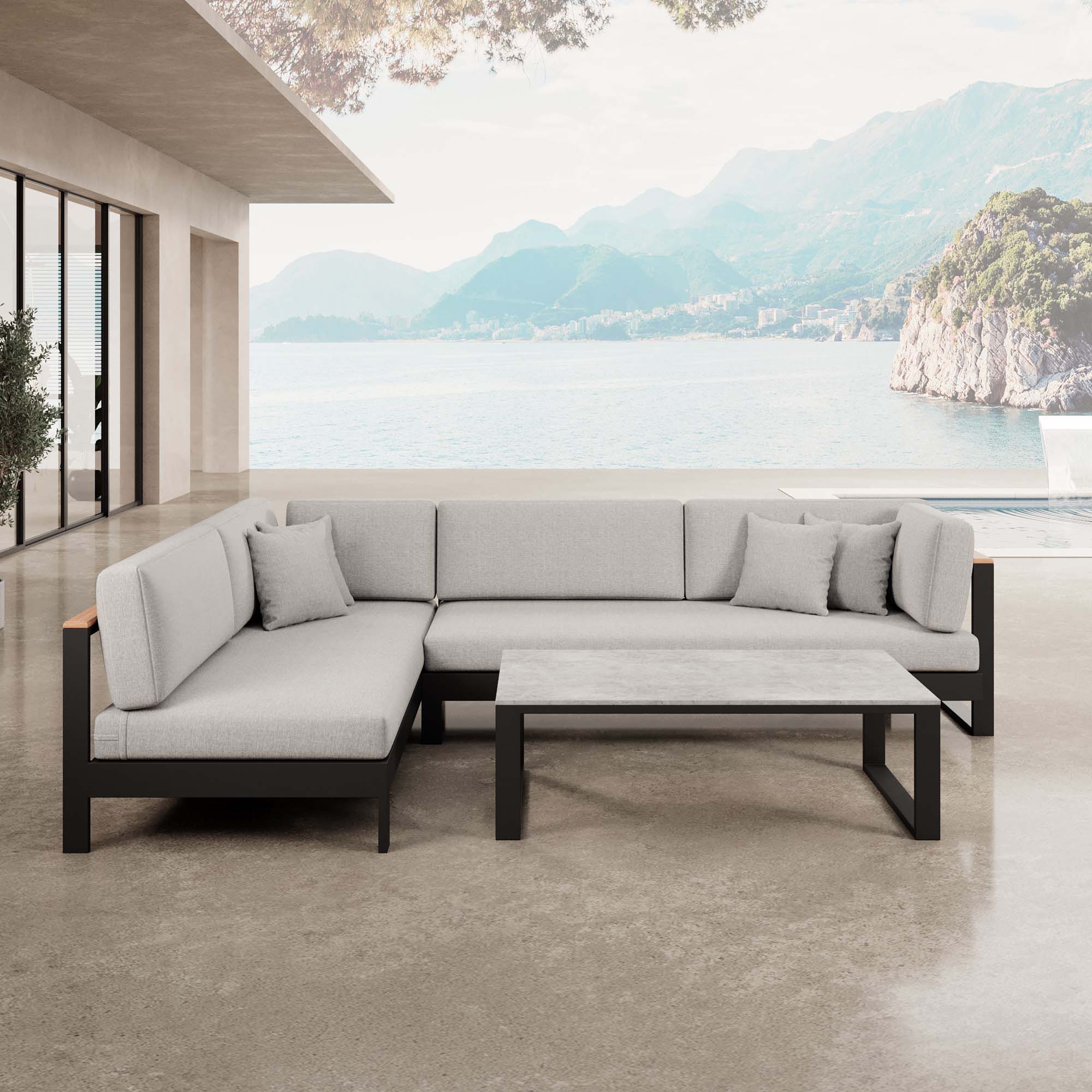 Vayla – Salon d'angle, canapé d'angle et table en aluminium noir | Collection Aevora™