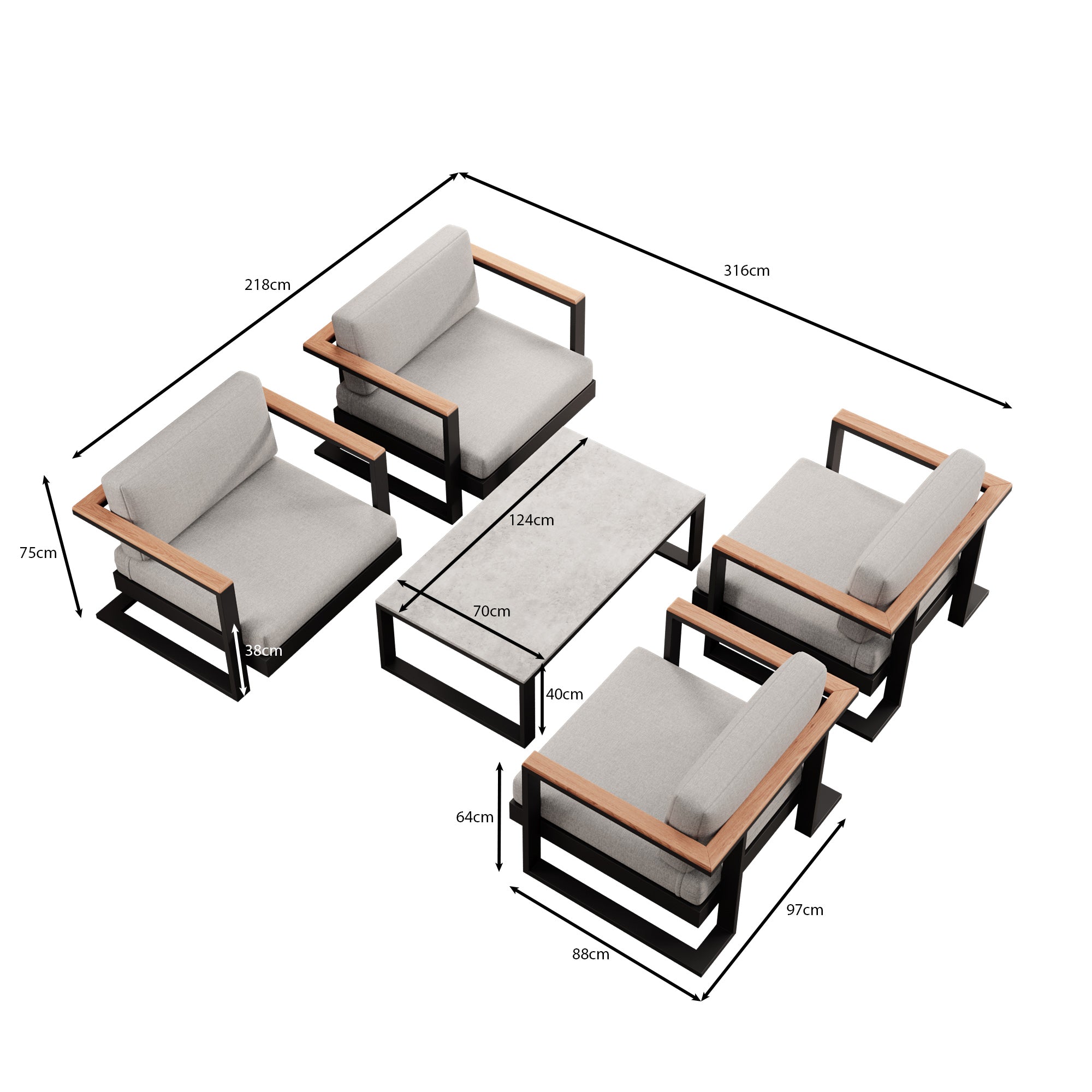 Vayla – 4 fauteuils lounge et une table en aluminium noir | Collection Aevora™
