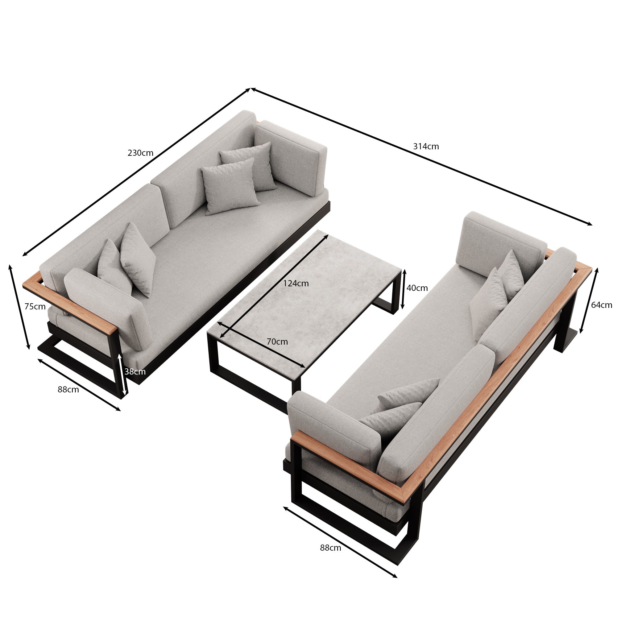Vayla – 2 canapés deux places & table en aluminium noir | Collection Aevora™
