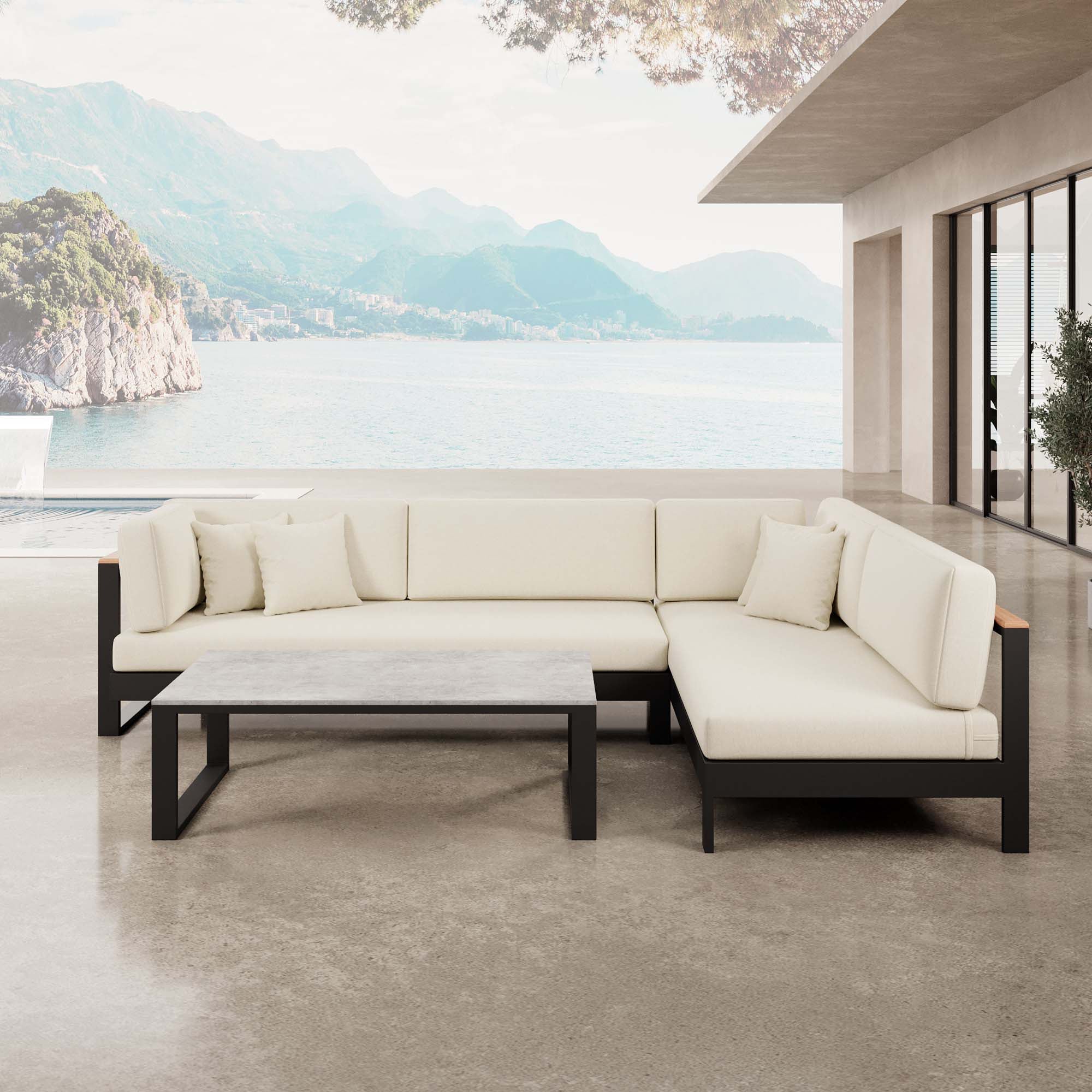Vayla – Salon d'angle, canapé d'angle et table en aluminium noir | Collection Aevora™