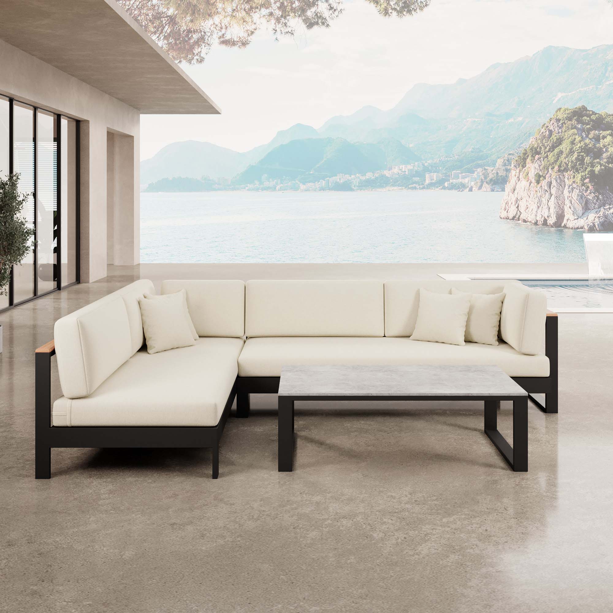 Vayla – Salon d'angle, canapé d'angle et table en aluminium noir | Collection Aevora™