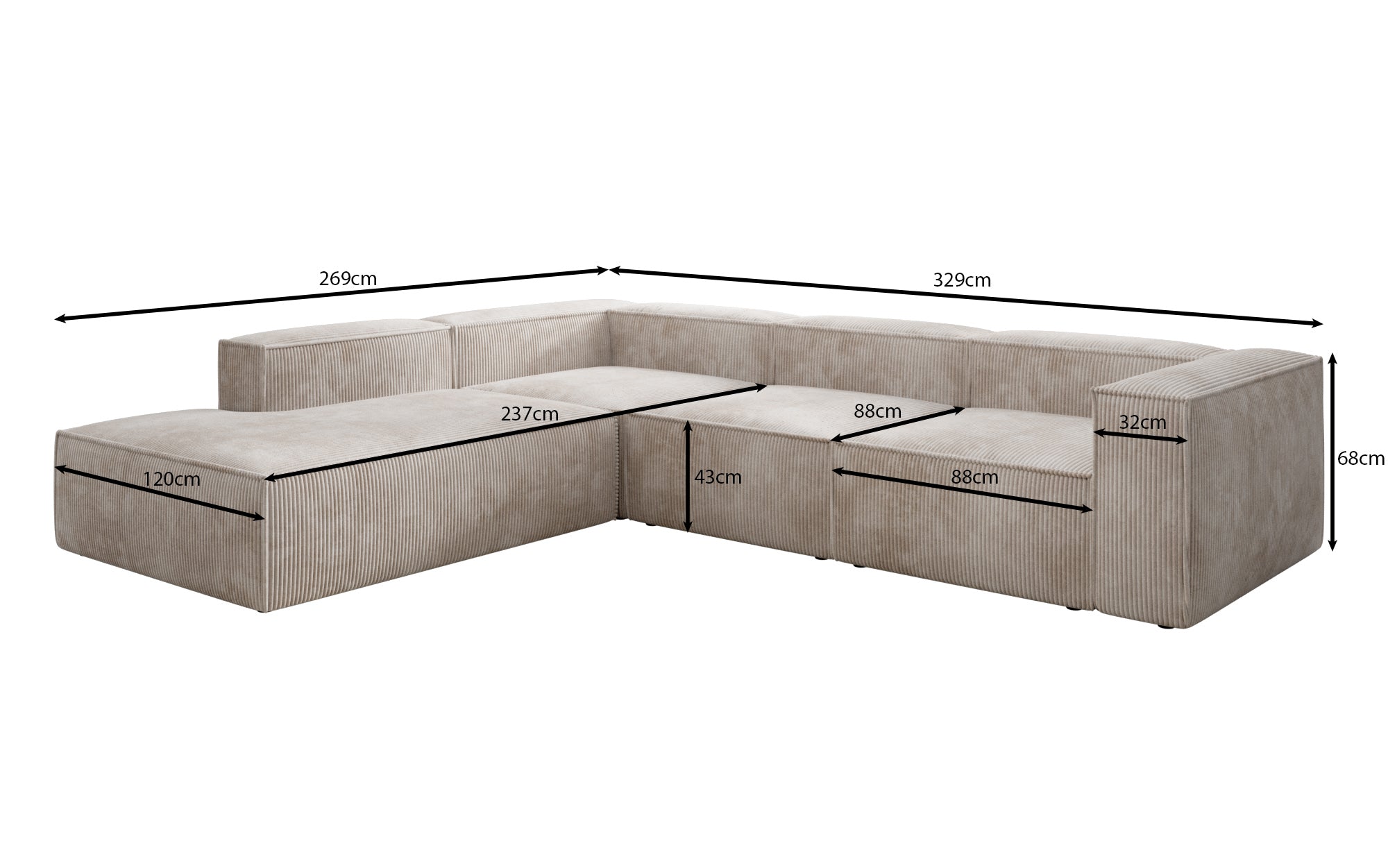 Designer Sofa Lesley L met lange ottomaan in Ribstof