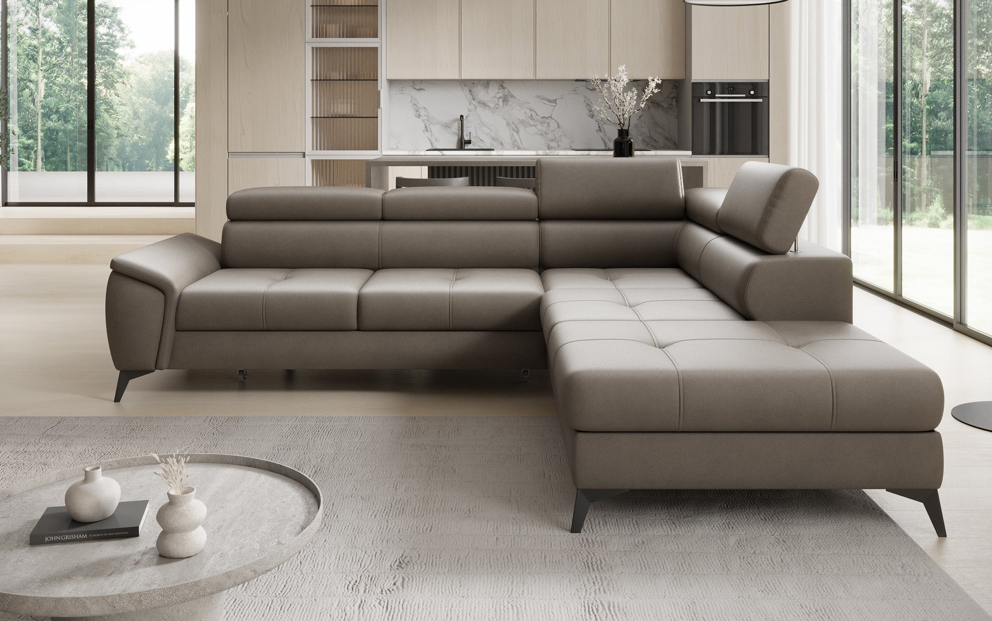 Designer L-bank Aveline met slaapfunctie en opbergruimte in echt leer