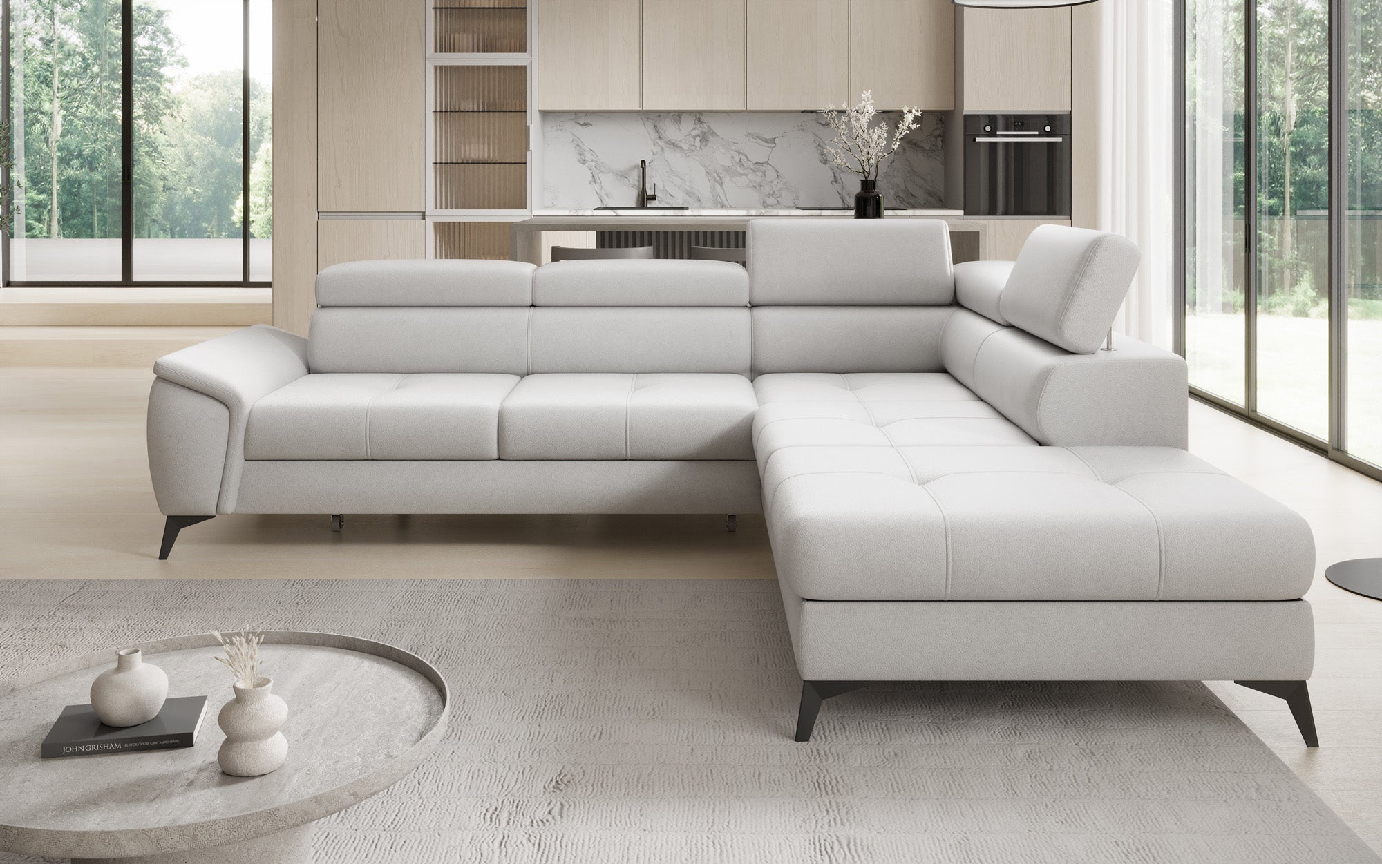 Designer L-bank Aveline met slaapfunctie en opbergruimte in echt leer