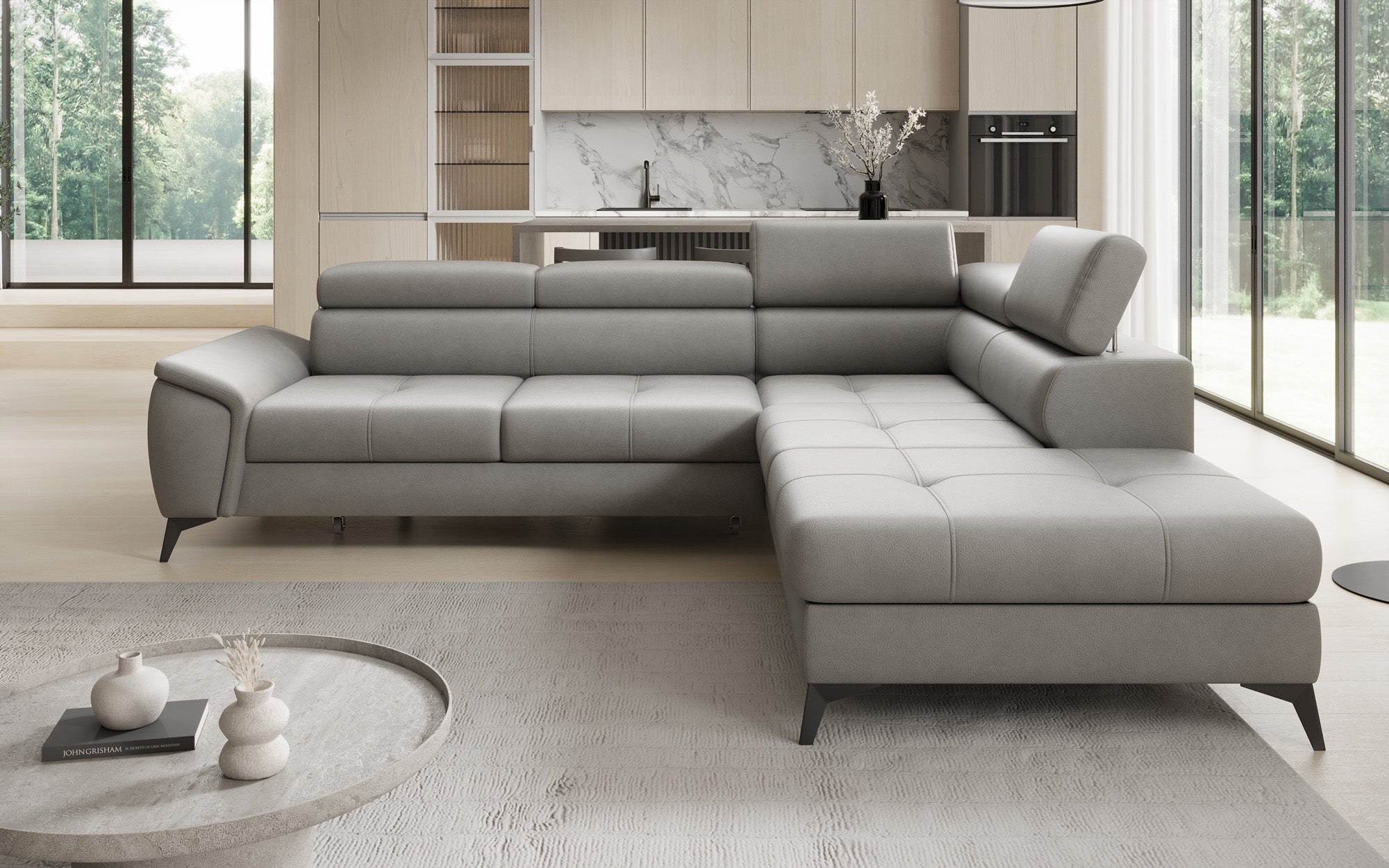 Designer L-bank Aveline met slaapfunctie en opbergruimte in echt leer