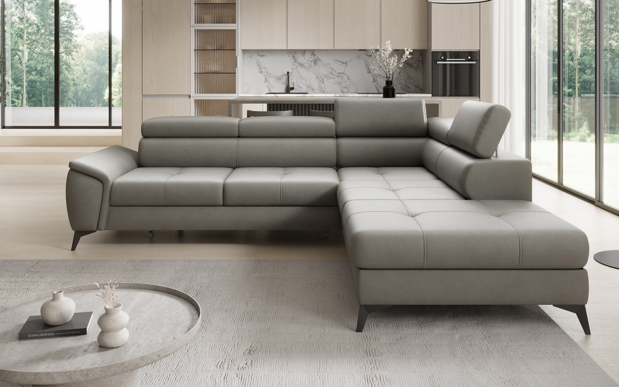 Designer L-bank Aveline met slaapfunctie en opbergruimte in echt leer