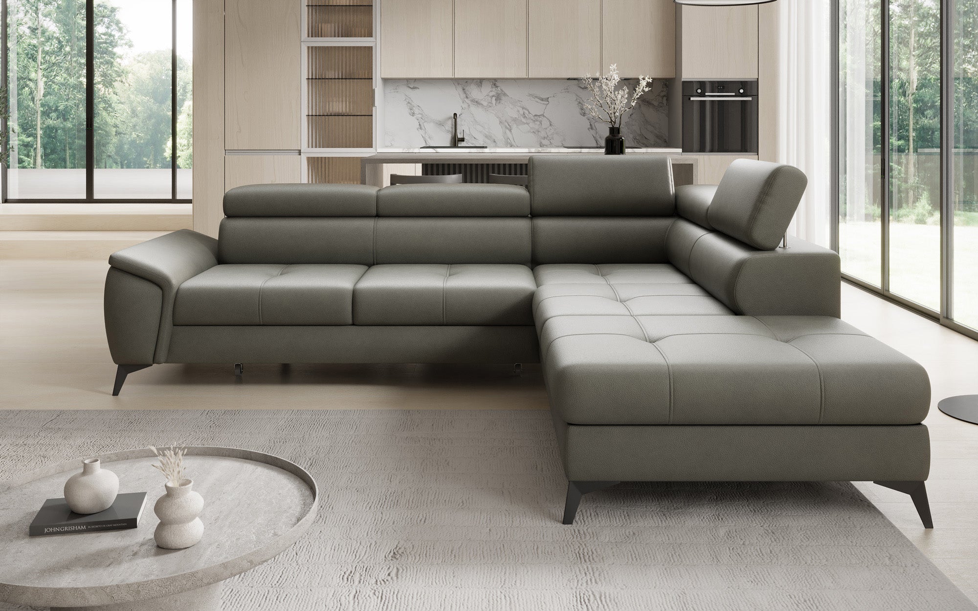 Designer L-bank Aveline met slaapfunctie en opbergruimte in echt leer