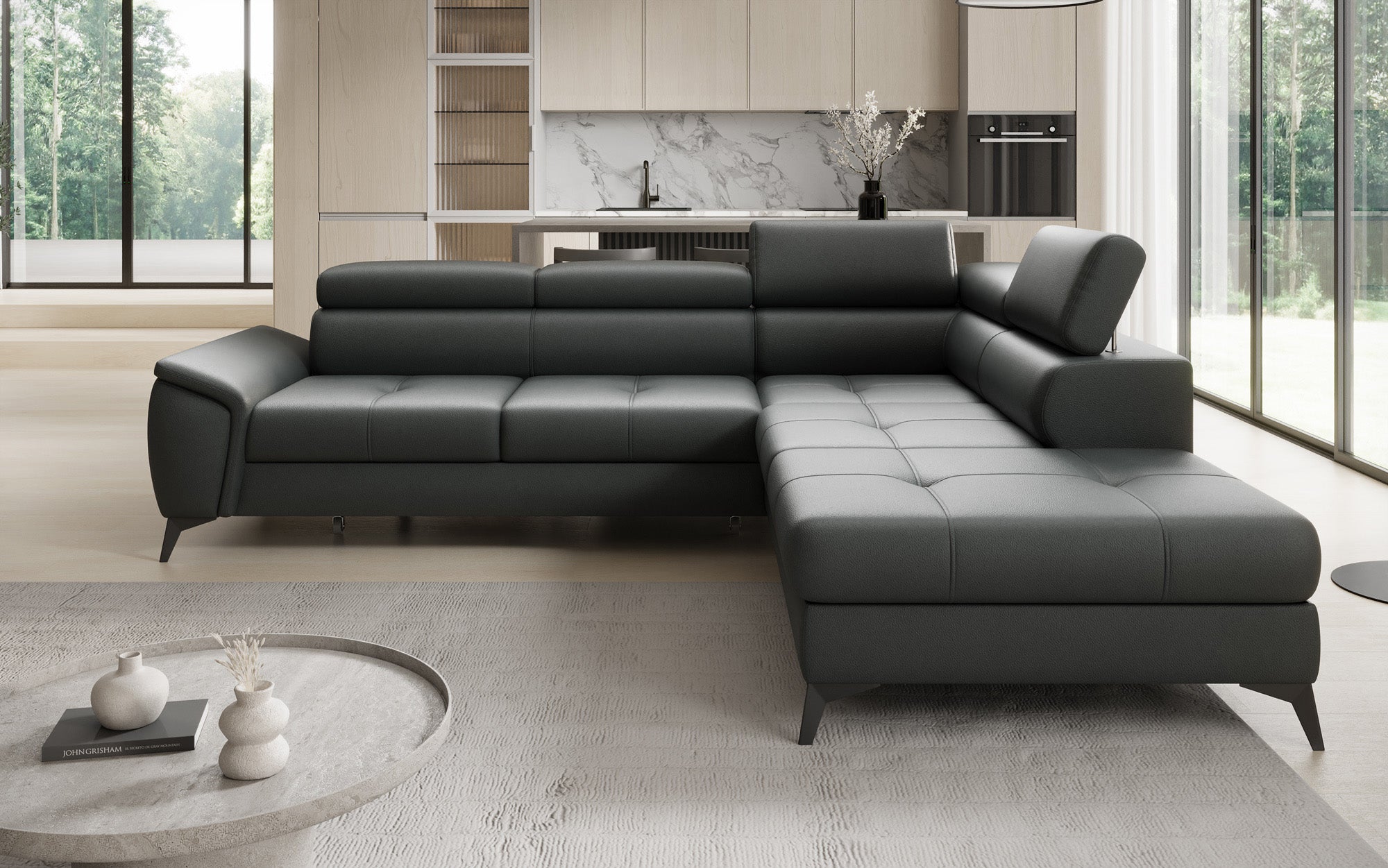 Designer L-bank Aveline met slaapfunctie en opbergruimte in echt leer