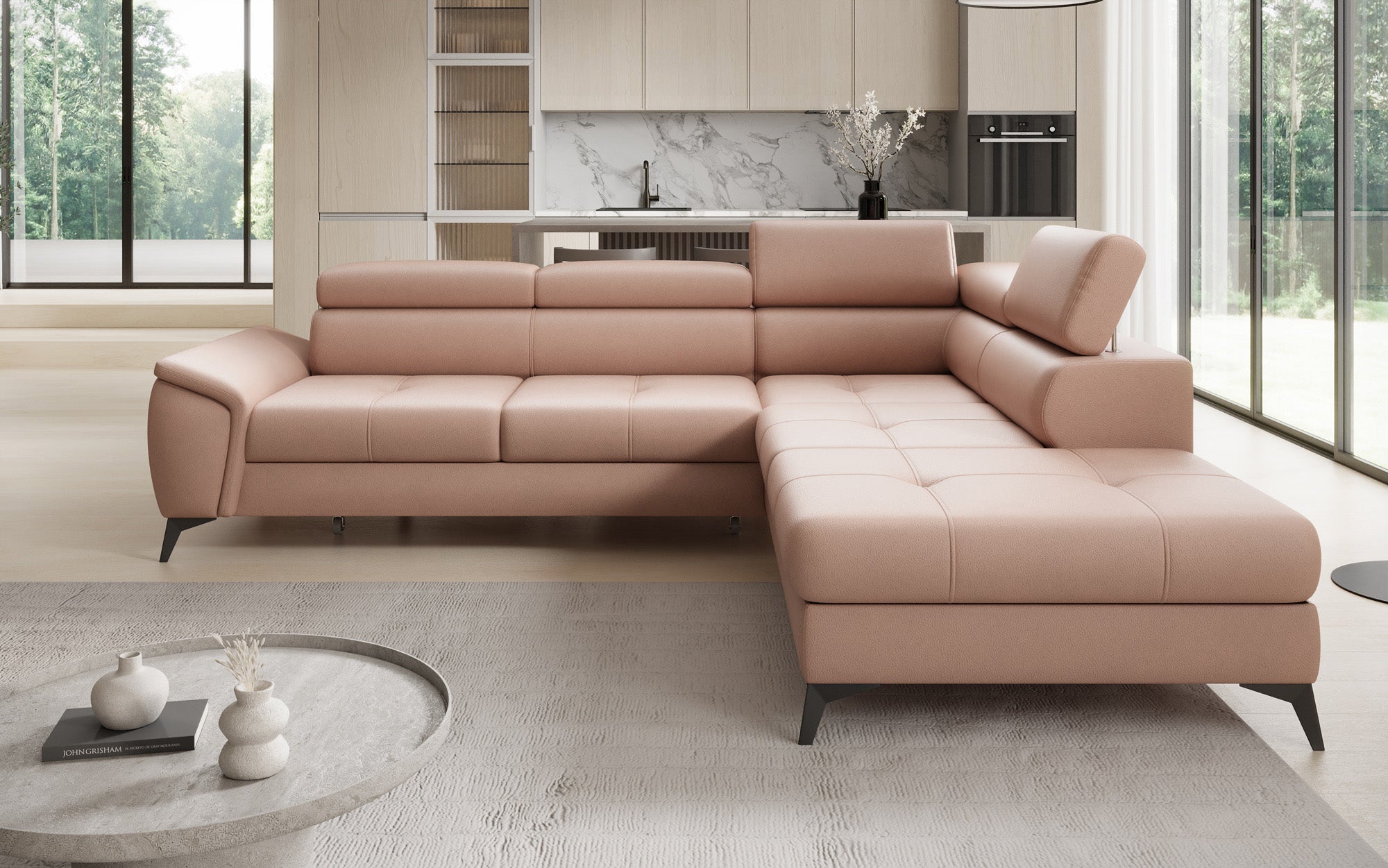 Designer L-bank Aveline met slaapfunctie en opbergruimte in echt leer