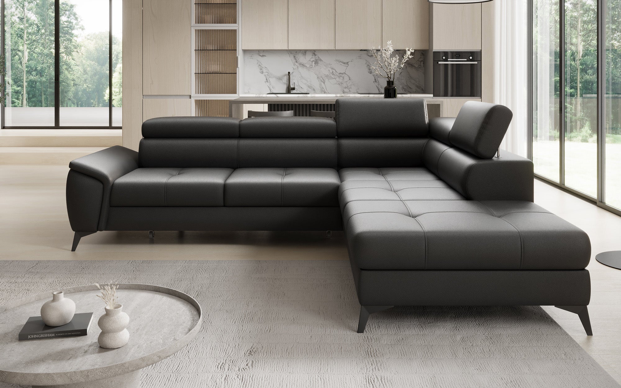 Designer L-bank Aveline met slaapfunctie en opbergruimte in echt leer