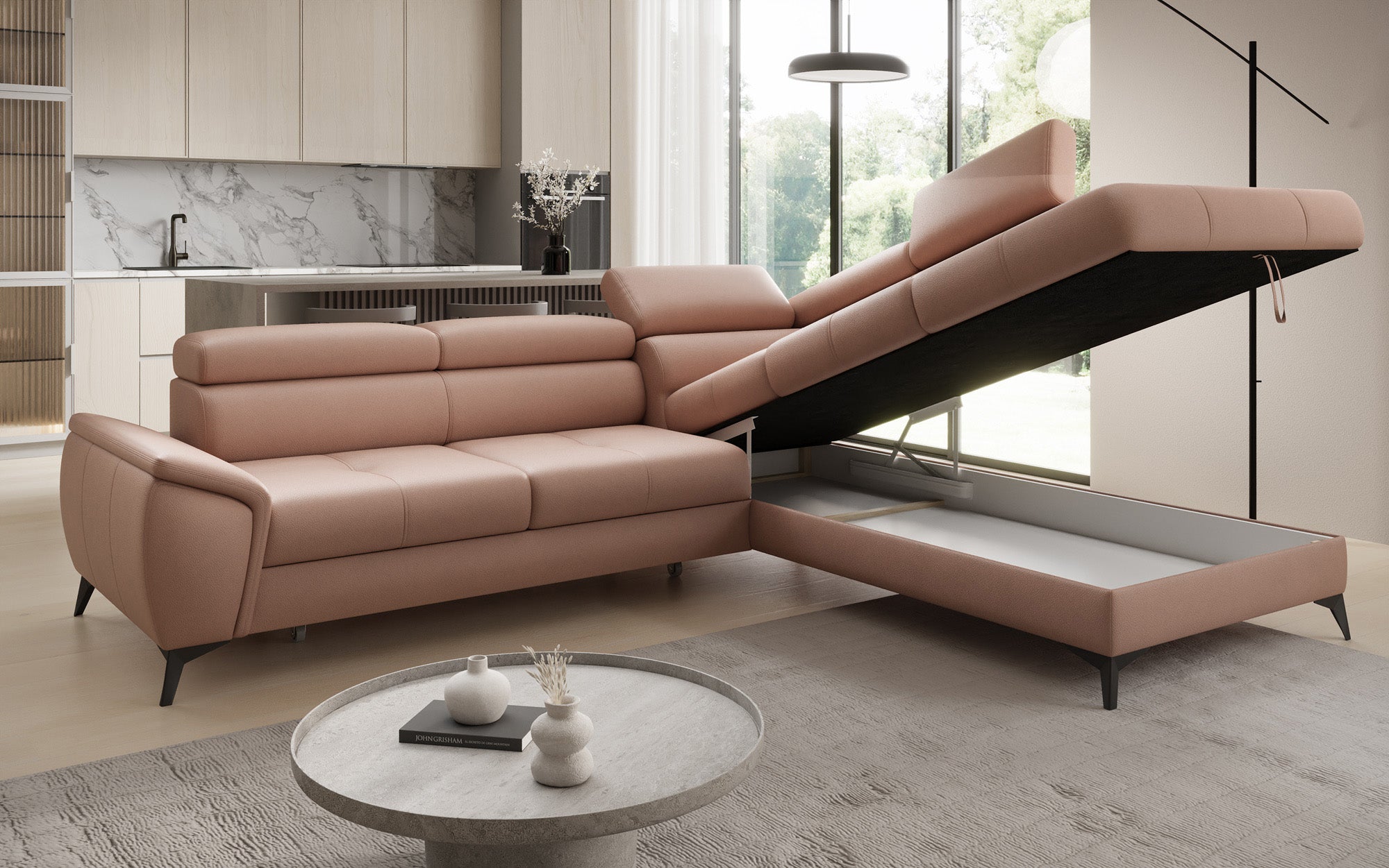 Designer L-bank Aveline met slaapfunctie en opbergruimte in echt leer