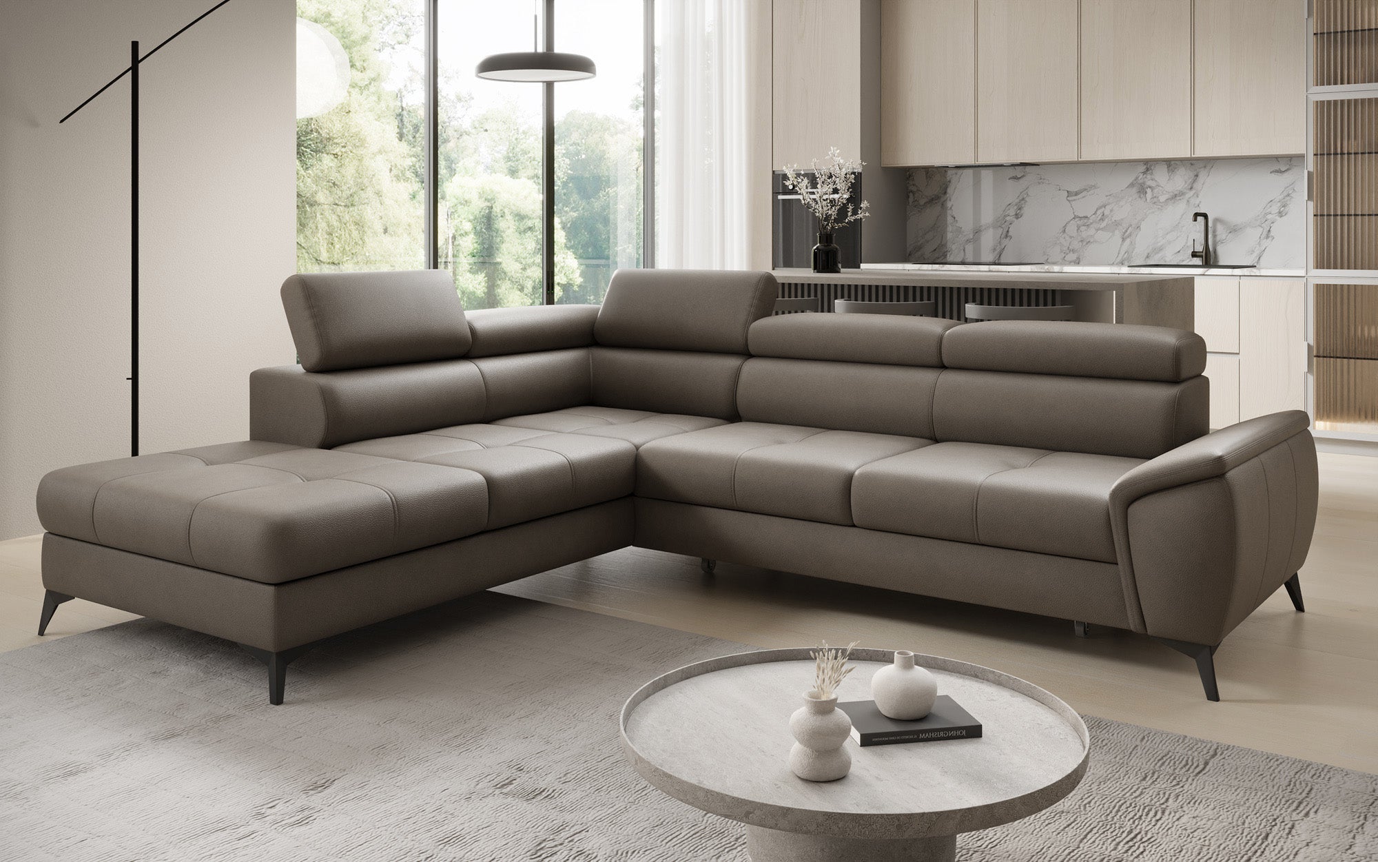 Designer L-bank Aveline met slaapfunctie en opbergruimte in echt leer