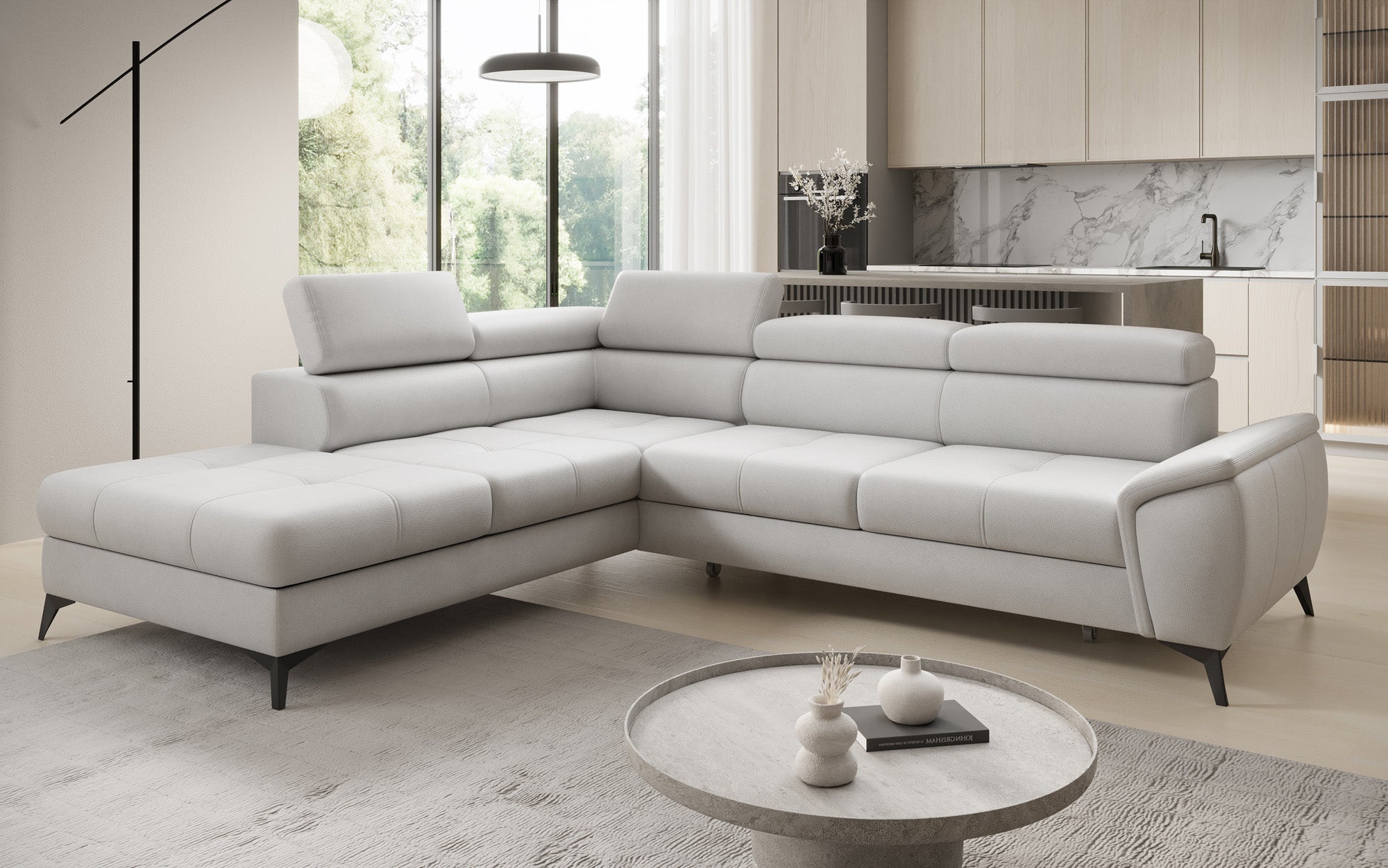 Designer L-bank Aveline met slaapfunctie en opbergruimte in echt leer