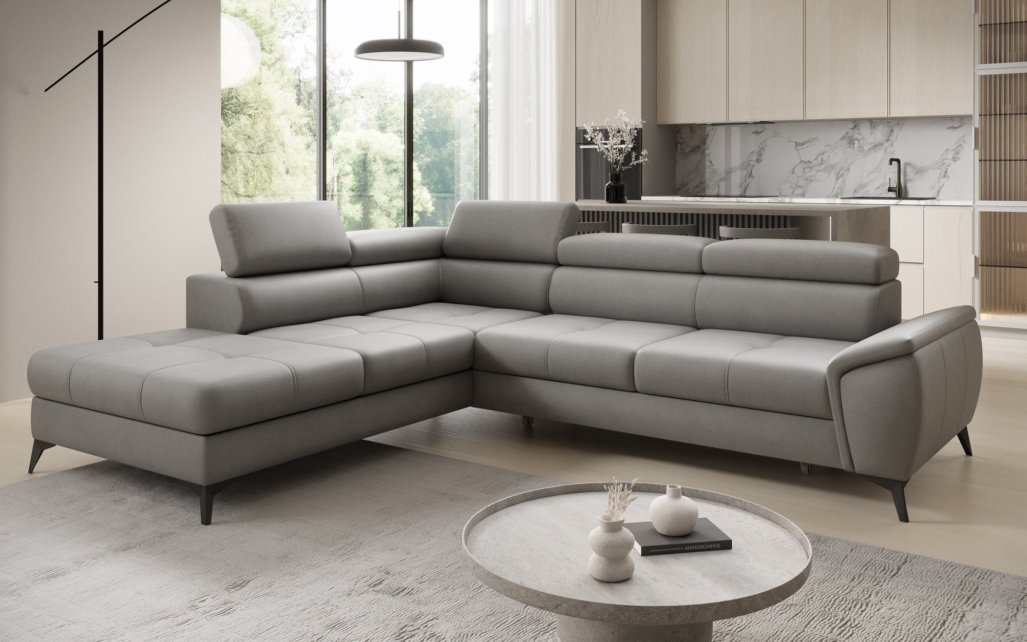 Designer L-bank Aveline met slaapfunctie en opbergruimte in echt leer