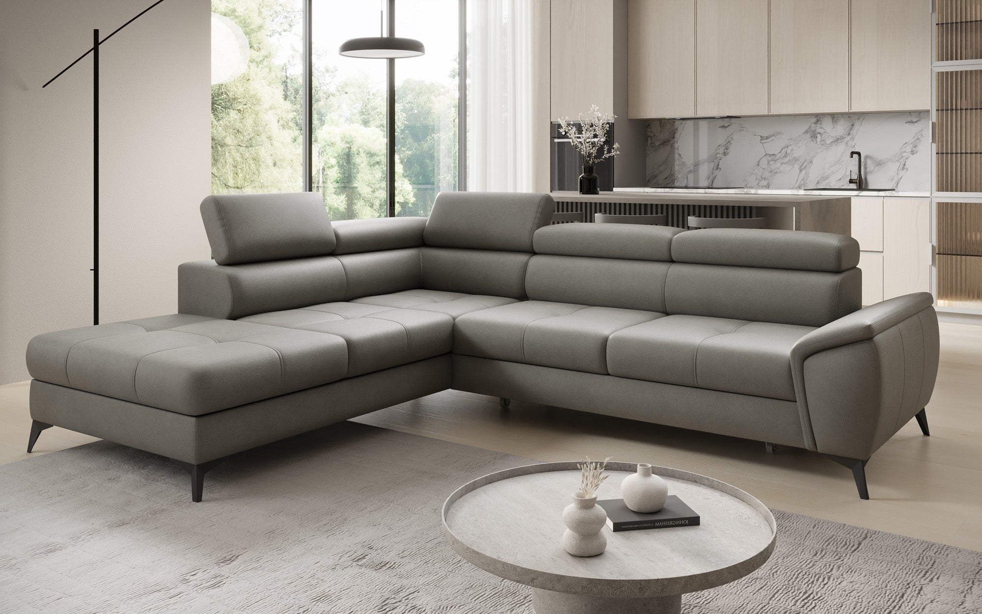 Designer L-bank Aveline met slaapfunctie en opbergruimte in echt leer