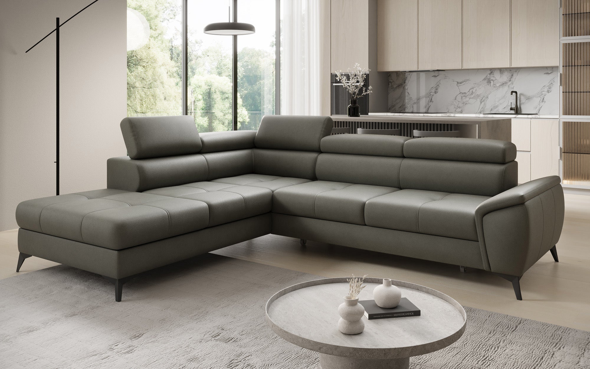 Designer L-bank Aveline met slaapfunctie en opbergruimte in echt leer