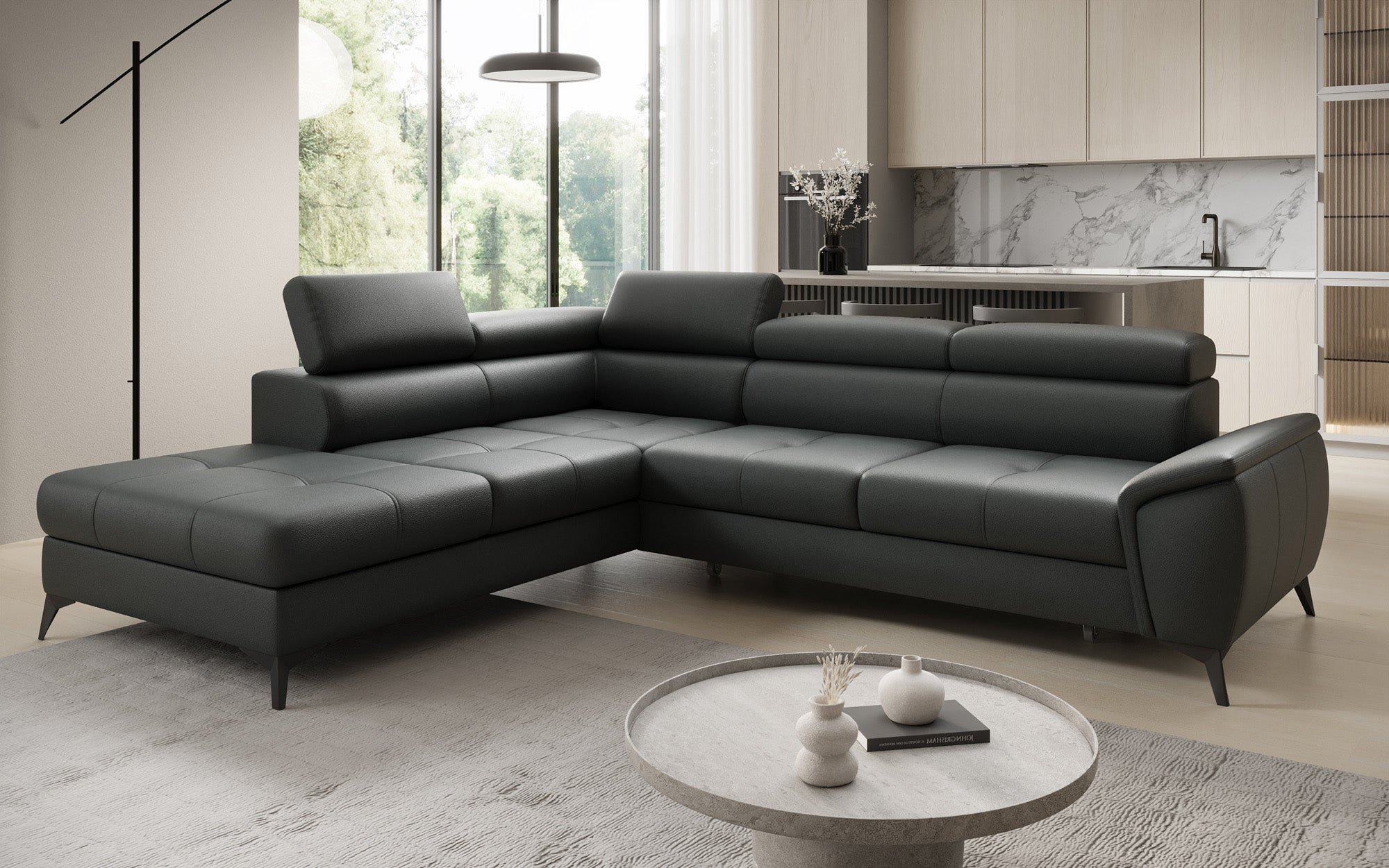 Designer L-bank Aveline met slaapfunctie en opbergruimte in echt leer