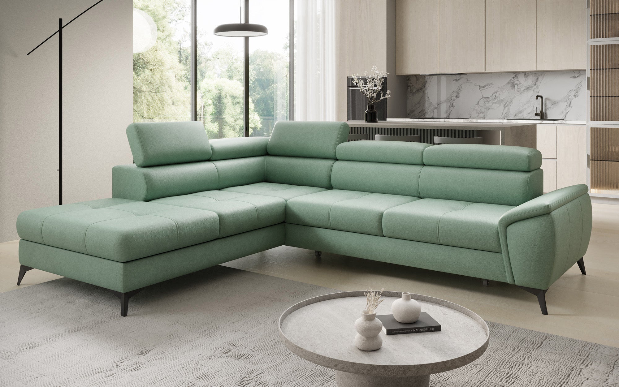 Designer L-bank Aveline met slaapfunctie en opbergruimte in echt leer