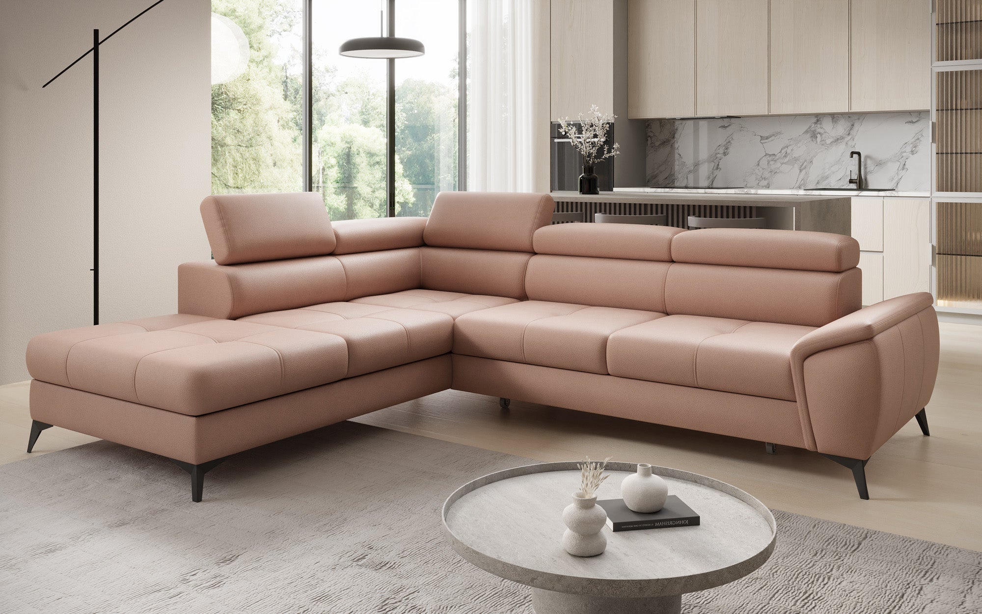 Designer L-bank Aveline met slaapfunctie en opbergruimte in echt leer