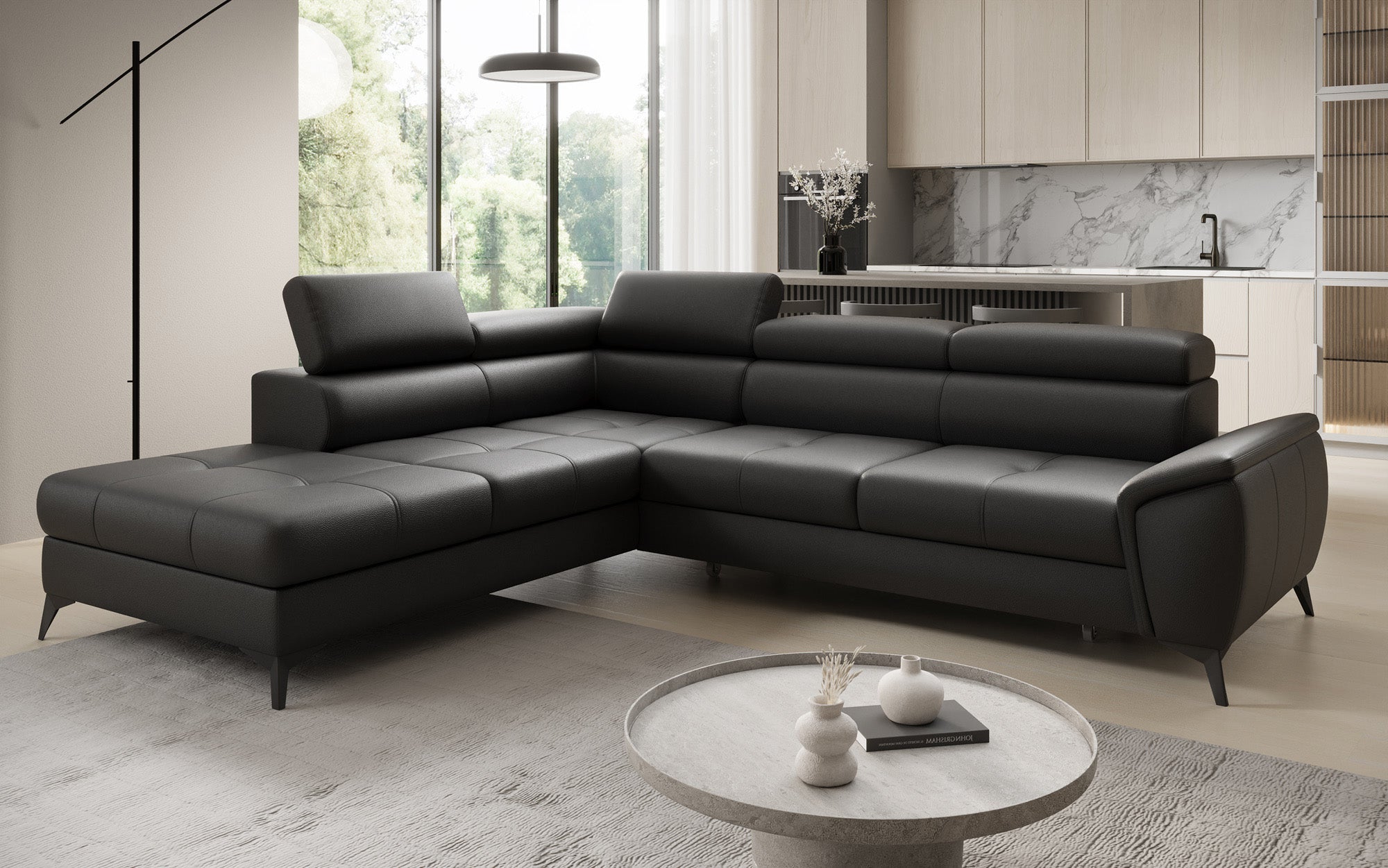 Designer L-bank Aveline met slaapfunctie en opbergruimte in echt leer