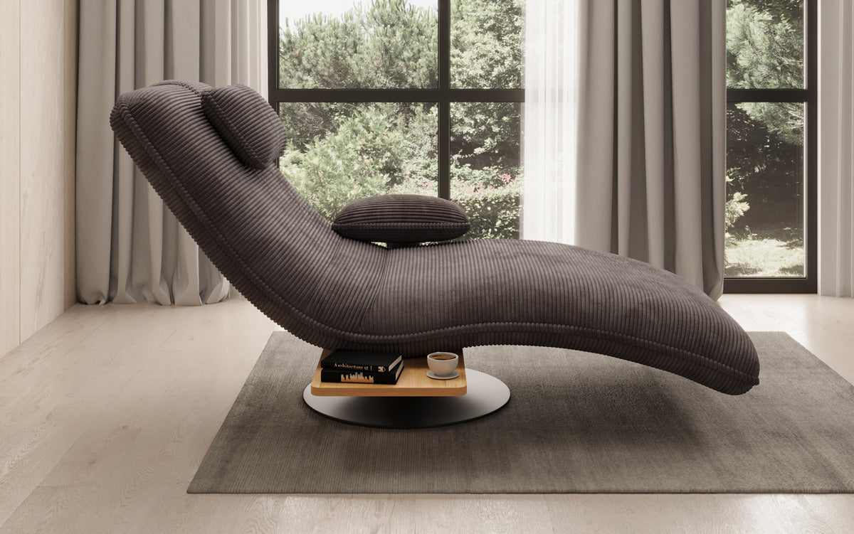 Chaise longue relaxante design en velours côtelé avec fonction pivotante et table d'appoint