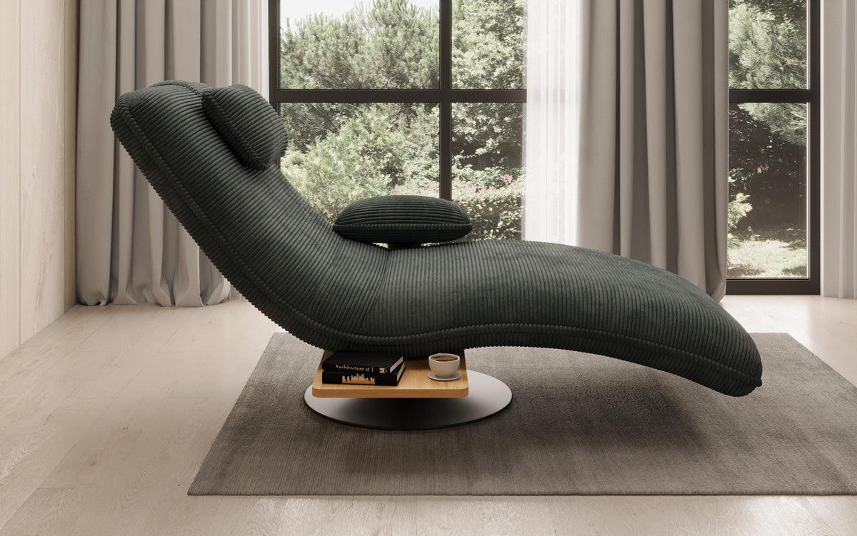 Chaise longue relaxante design en velours côtelé avec fonction pivotante et table d'appoint