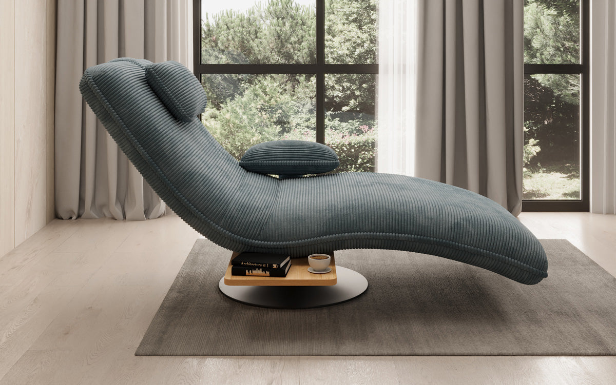 Chaise longue relaxante design en velours côtelé avec fonction pivotante et table d'appoint