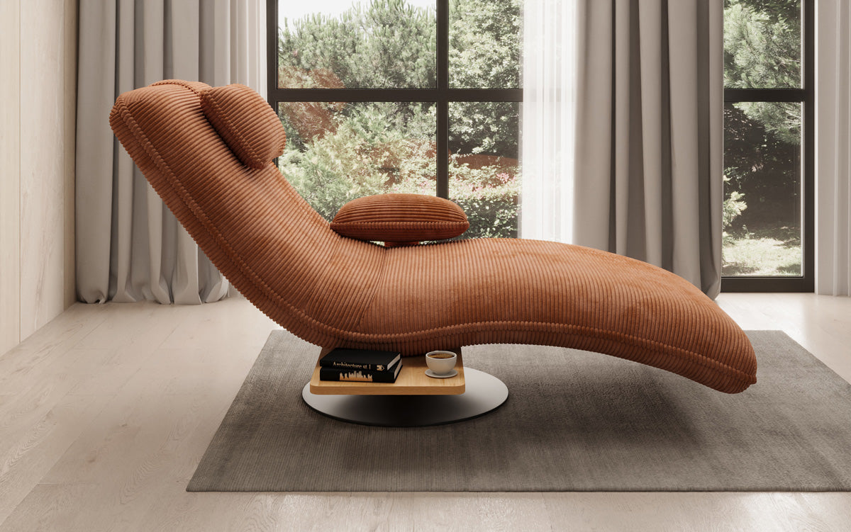 Chaise longue relaxante design en velours côtelé avec fonction pivotante et table d'appoint
