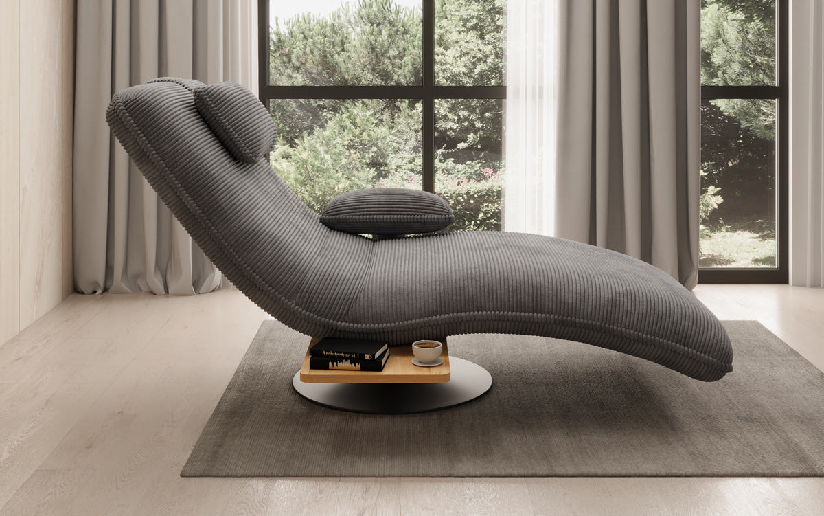 Chaise longue relaxante design en velours côtelé avec fonction pivotante et table d'appoint