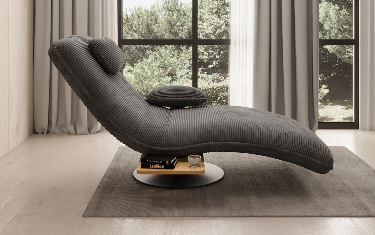 Chaise longue relaxante design en velours côtelé avec fonction pivotante et table d'appoint