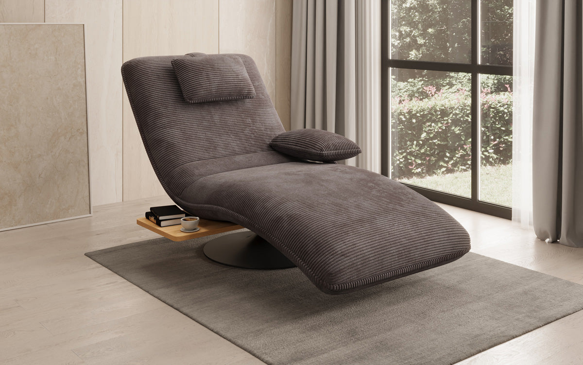 Chaise longue relaxante design en velours côtelé avec fonction pivotante et table d'appoint