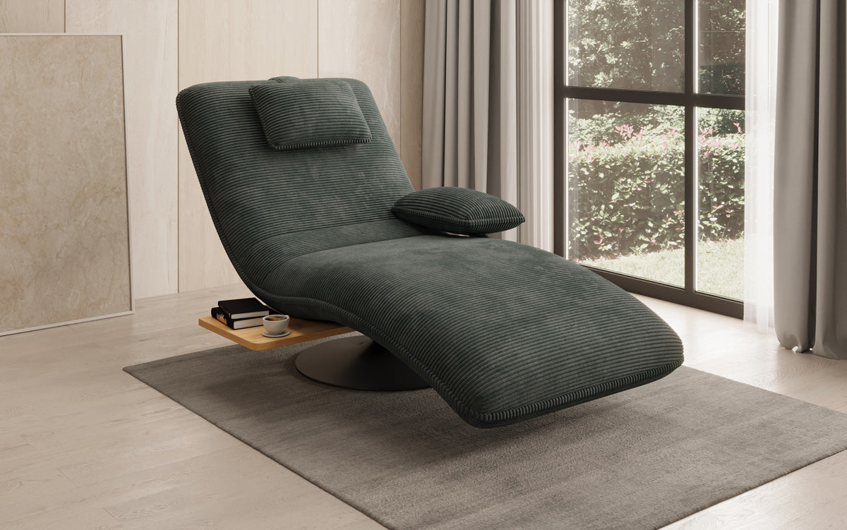 Chaise longue relaxante design en velours côtelé avec fonction pivotante et table d'appoint
