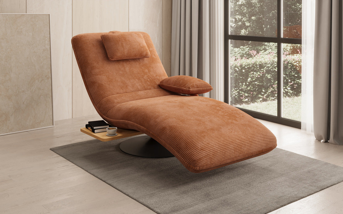 Chaise longue relaxante design en velours côtelé avec fonction pivotante et table d'appoint