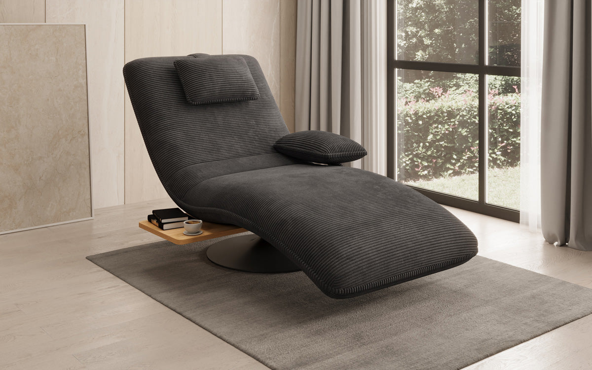 Chaise longue relaxante design en velours côtelé avec fonction pivotante et table d'appoint