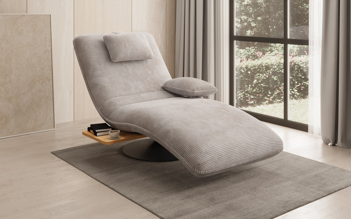Chaise longue relaxante design en velours côtelé avec fonction pivotante et table d'appoint