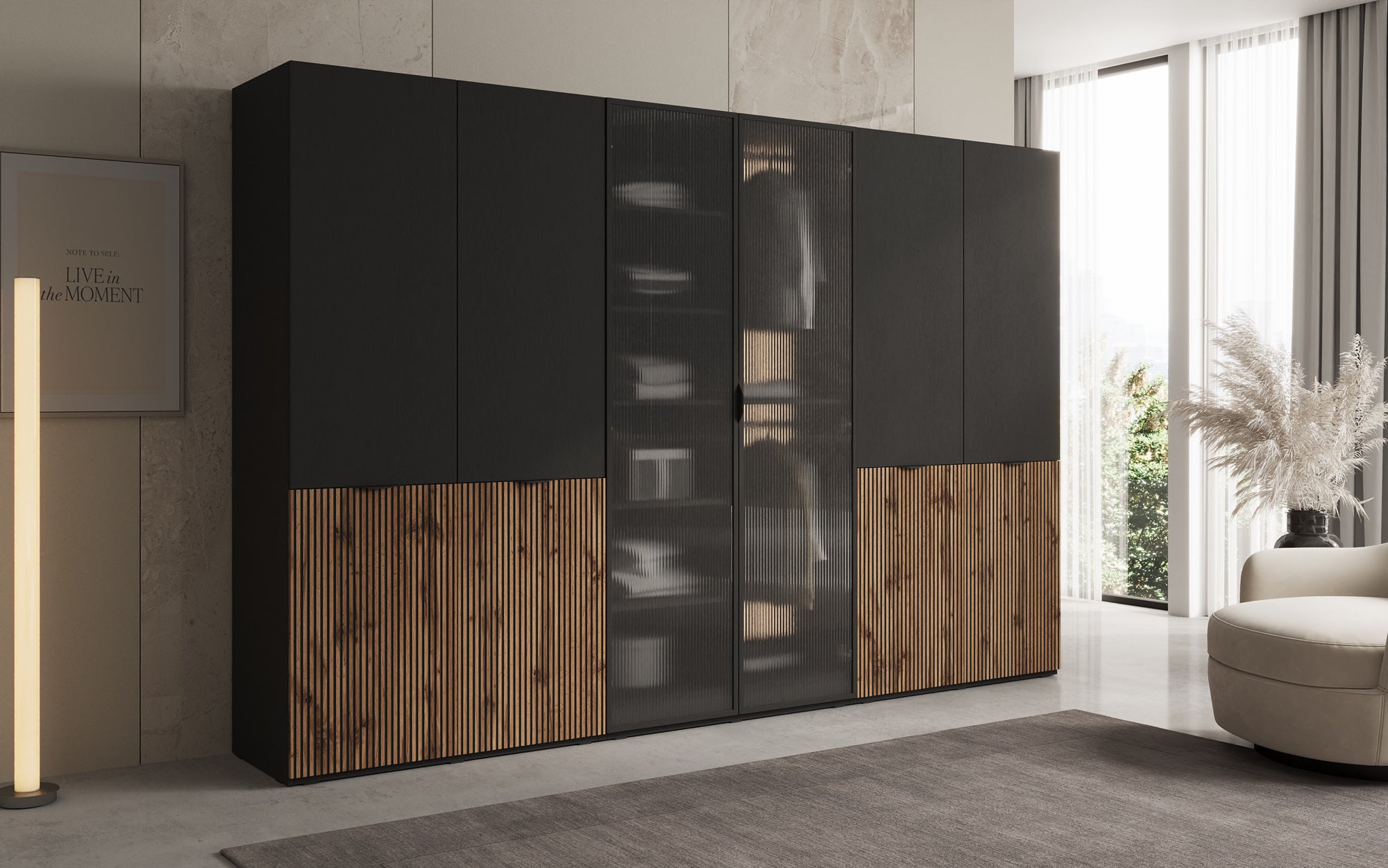 Modulo Serin – Drie-module design-kledingkast met hout- en structuurglasfront