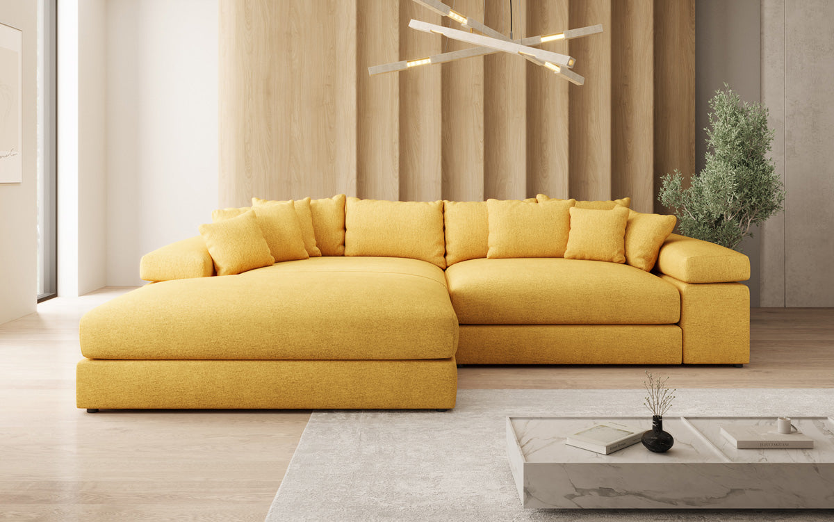 Designer Ecksofa Bernardo mit breiter Ottomane in Strukturstoff