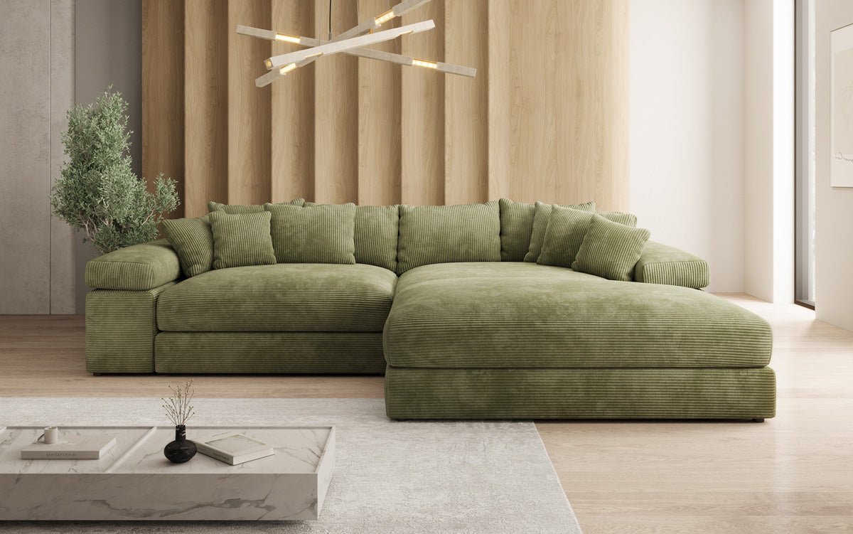 Designerbank Bernardo met brede ottomaan in ribstof