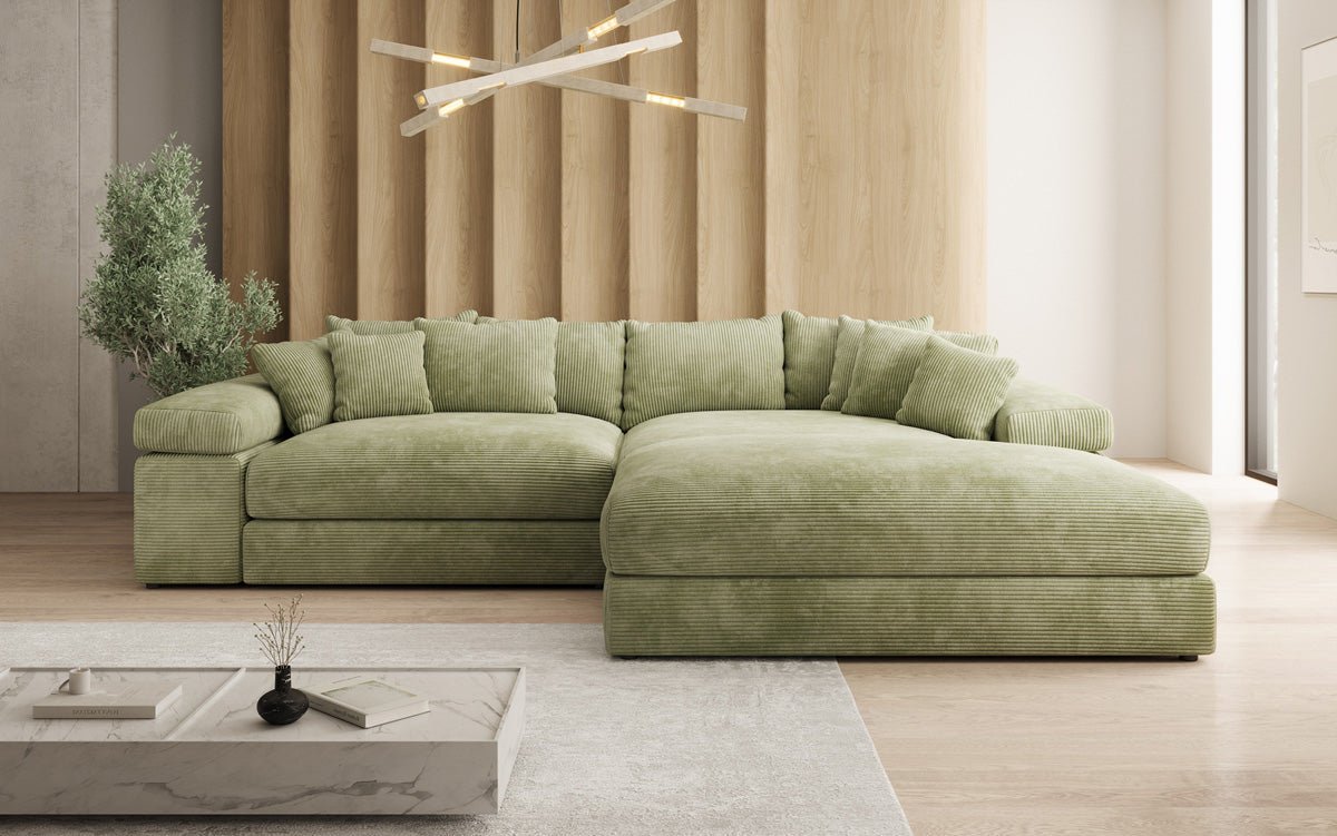 Designerbank Bernardo met brede ottomaan in ribstof