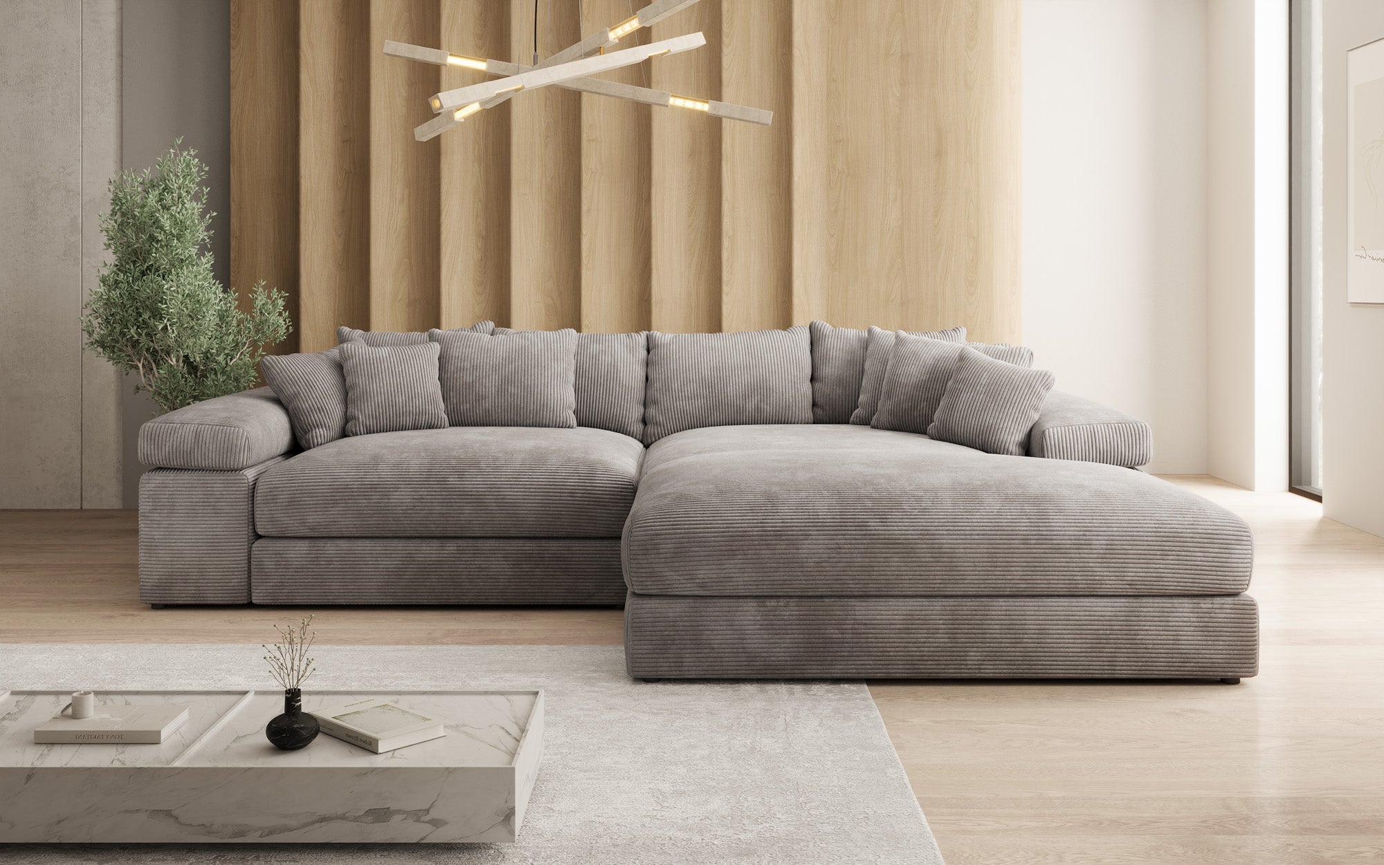 Designerbank Bernardo met brede ottomaan in ribstof