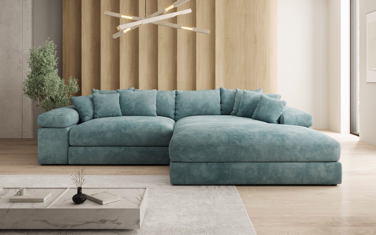 Designerbank Bernardo met brede ottomaan in ribstof