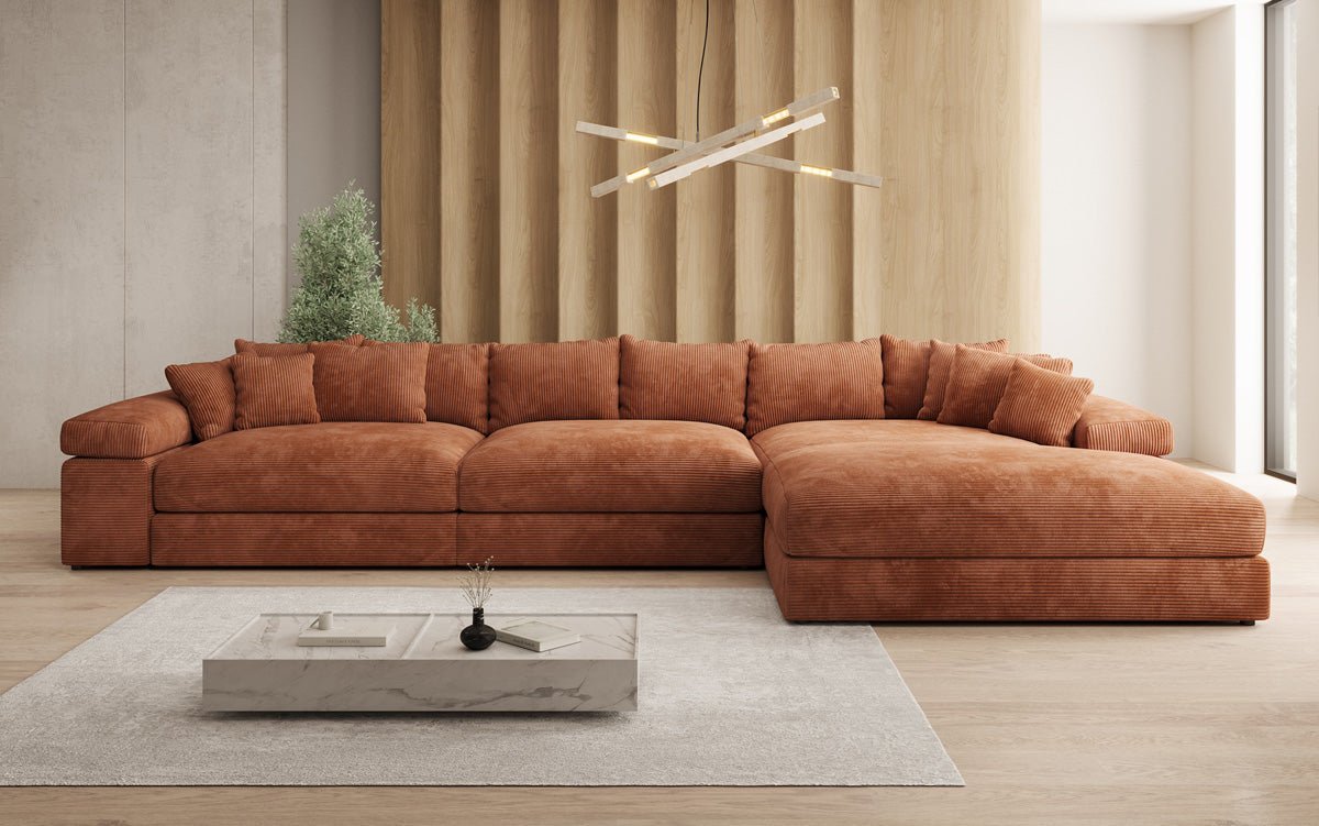 Designersofa Bernardo L Maxi met brede ottomane in ribstof