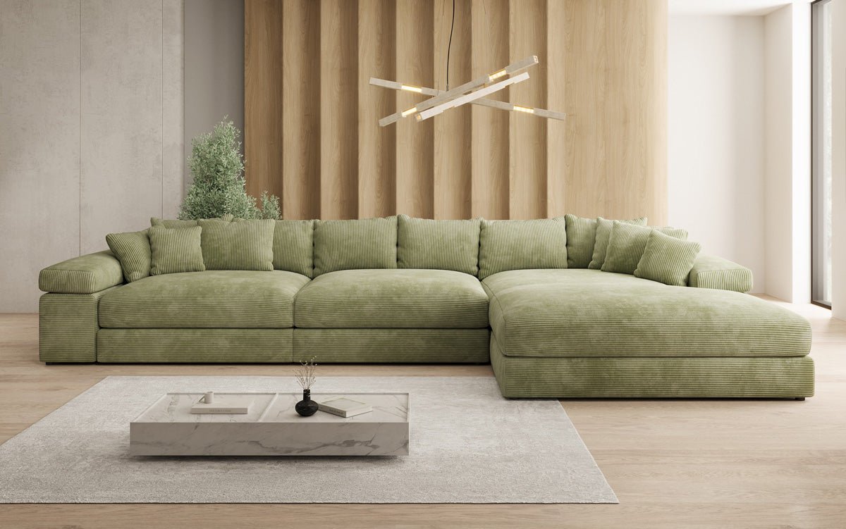 Designersofa Bernardo L Maxi met brede ottomane in ribstof