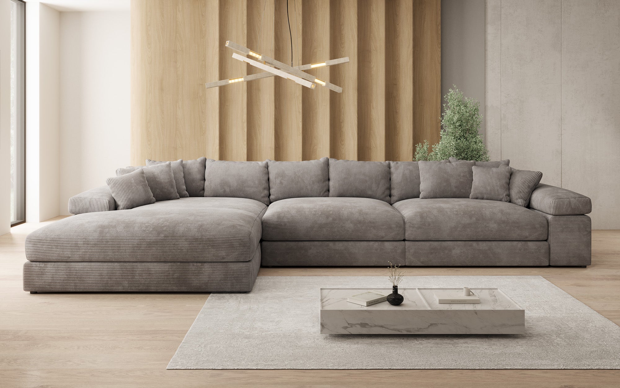 Designersofa Bernardo L Maxi met brede ottomane in ribstof