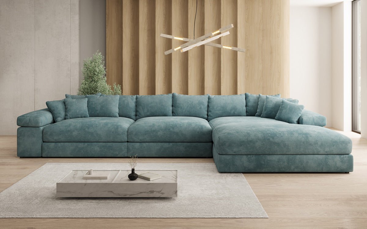 Designersofa Bernardo L Maxi met brede ottomane in ribstof