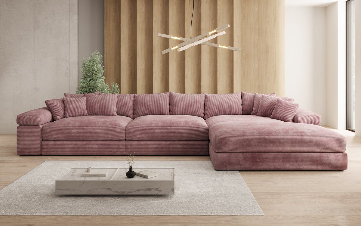 Designersofa Bernardo L Maxi met brede ottomane in ribstof