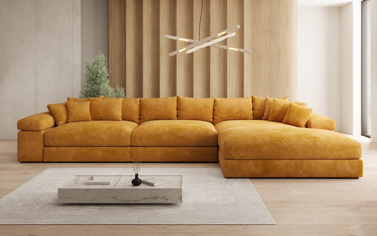 Designersofa Bernardo L Maxi met brede ottomane in ribstof