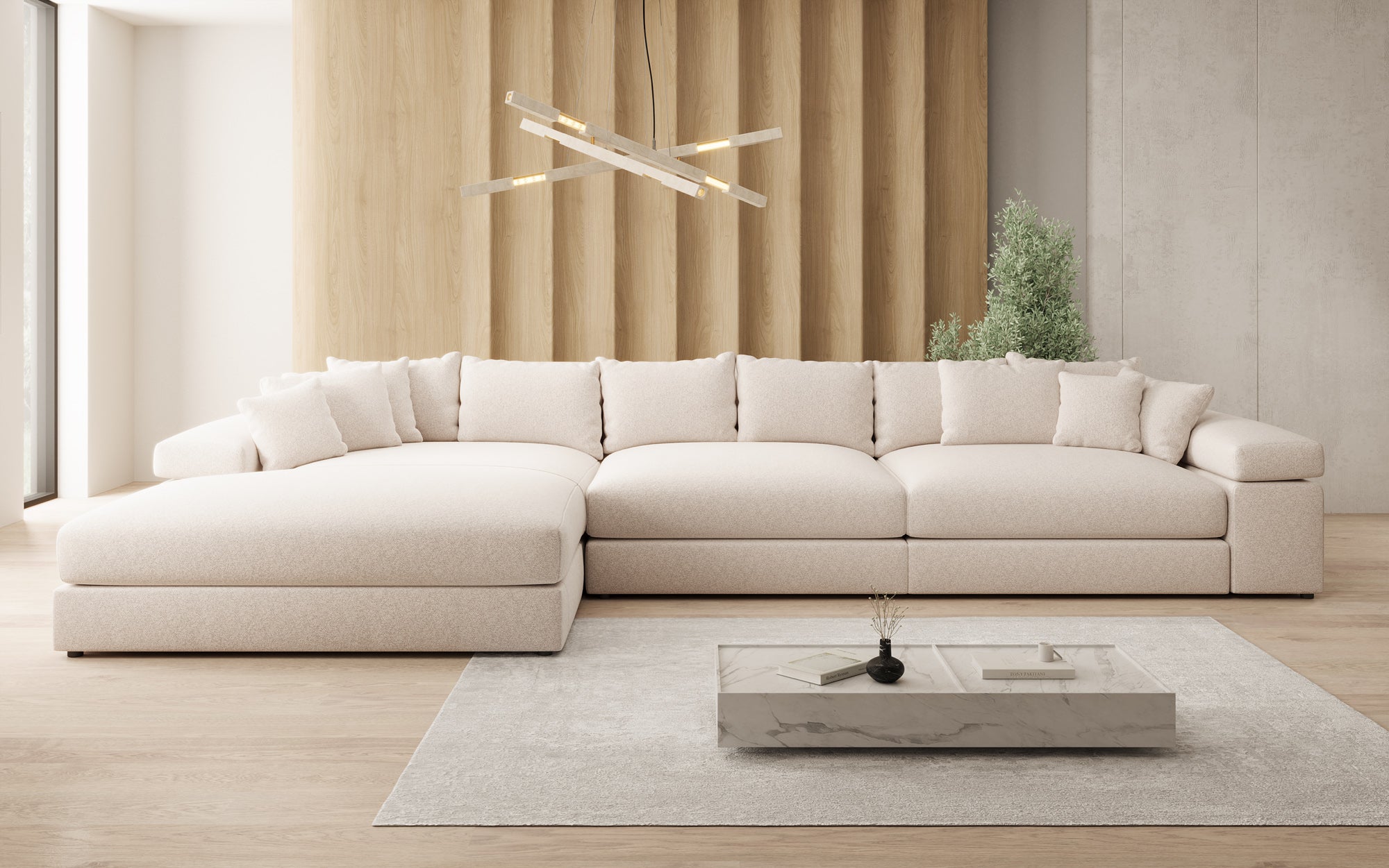 Designer Sofa Bernardo L Maxi mit breiter Ottomane in Strukturstoff