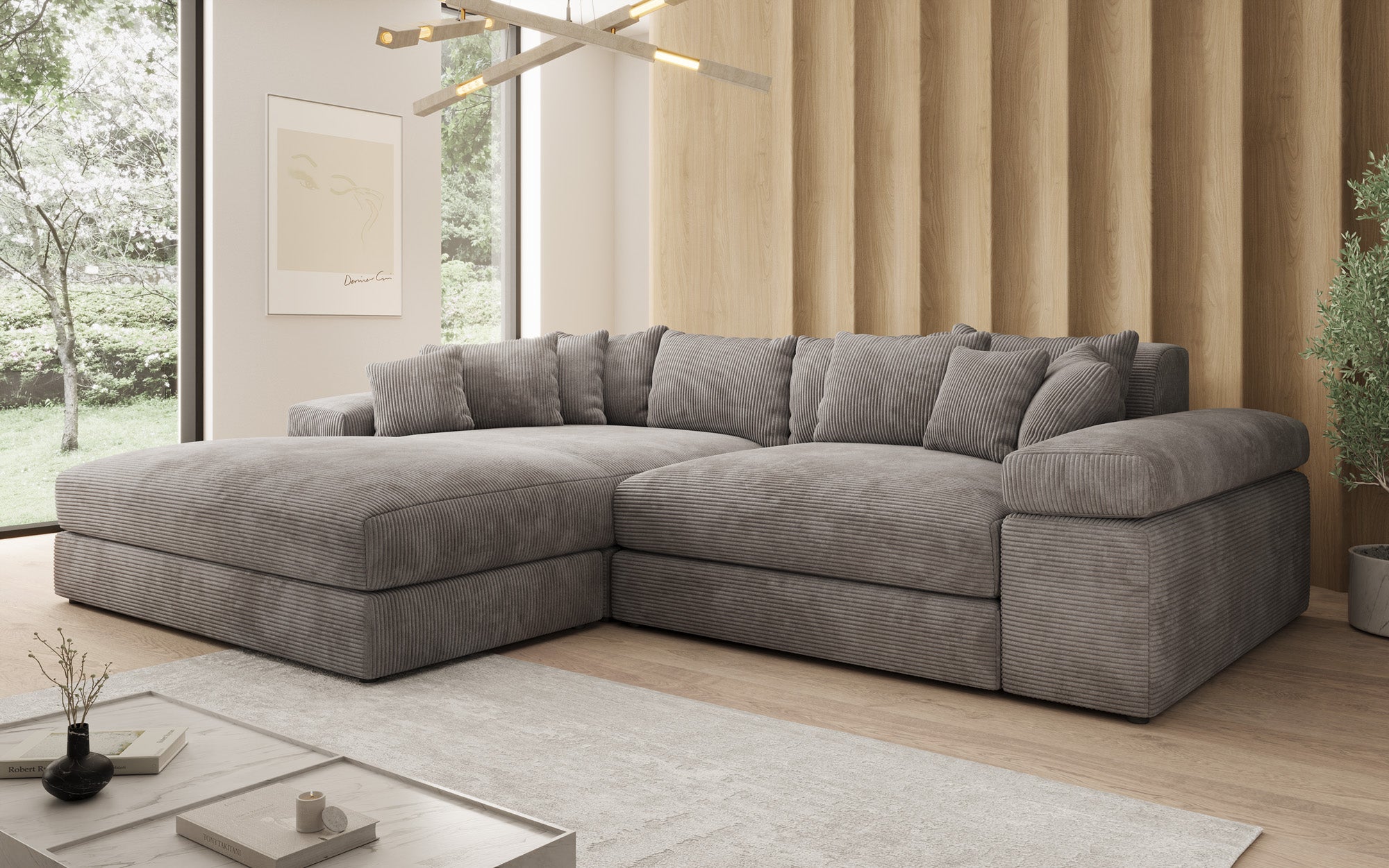 Designerbank Bernardo met brede ottomaan in ribstof