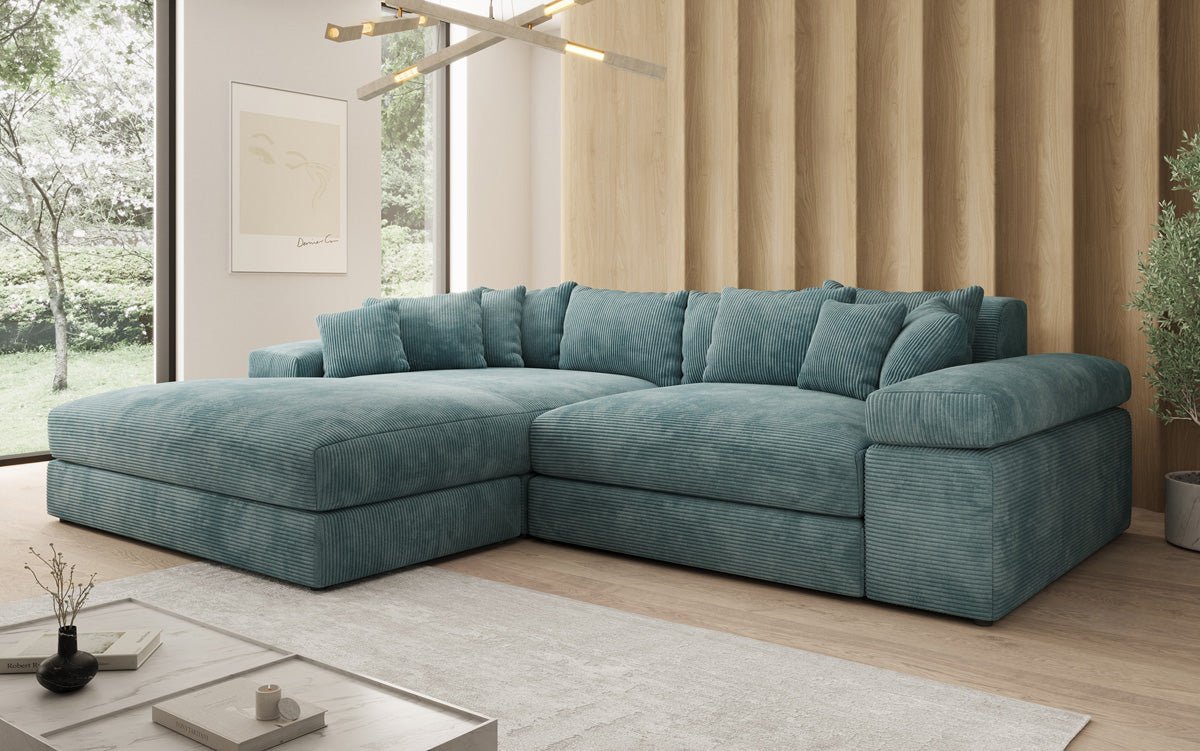 Designerbank Bernardo met brede ottomaan in ribstof